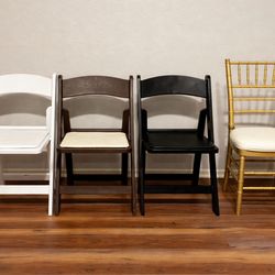 Gold Chiavari Chairs & White, Brown, Black Resin Padded – Sillas Chiavari Doradas y Resinas