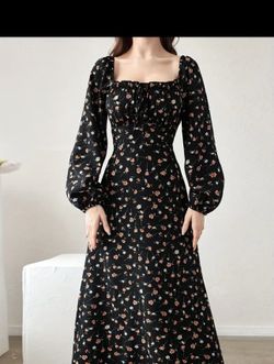 Floral Print Square Neck A-line Dress - Elegant Long Sleeve Dress 