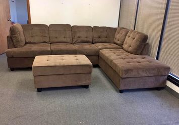 Costco brown chenille sectional couch and ottoman