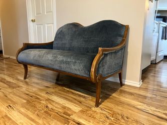 Vintage French Provincial Style Carved Wood Settee – Blue Velvet- Loveseat