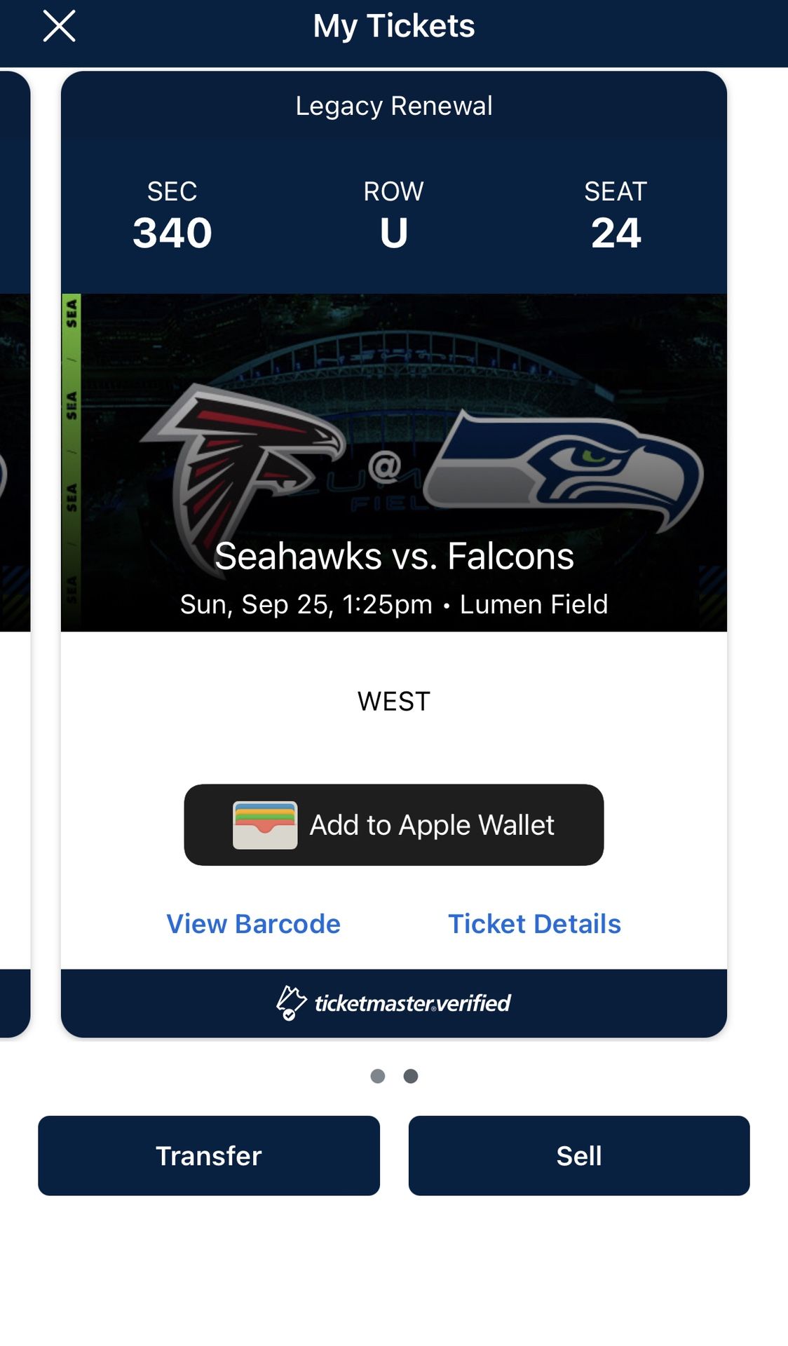 (2) Atlanta Falcons VS Seattle Seahawks Tickets - Sunday, 9/25, 1:25pm at Lumen Field. $120 each.