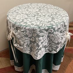25” H Glass Top Side Table or Plant Stand 20” W with Green Table Cloth & Lace Covers
