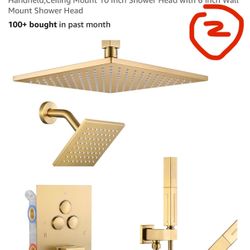 Shower Faucet Set Brushed Gold Shower System,Push Button Diverter Shower Faucet with 2 in 1 Handheld,Ceiling Mount 10 Inch &6 inch Shower Head