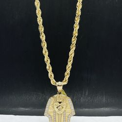 14k Solid Gold Rope Chain  with King Tut  Pharaoh  head pendant , Necklance Gold Pendant