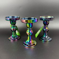 Iridescent Rainbow Chrome Oil Slick Finish Glass Pillar or Taper Candle Holder - Set of 3