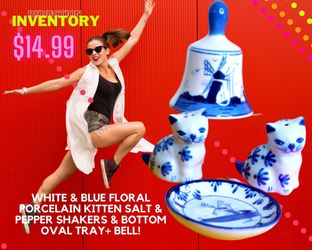 White &Blue Floral Holland Porcelain Kitten Salt&Pepper shakers&Botton Oval Tray+Bell.