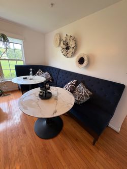 Navy Blue Tufted Curved Banquette Bench