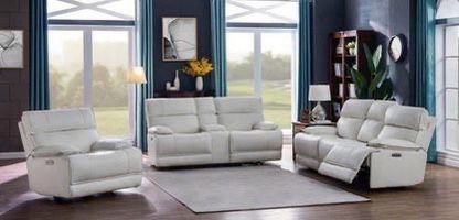 Brand New 2 Piece White Leather Power Reclining Sofa and Love Seat Set