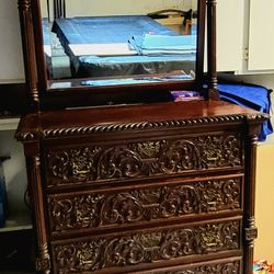 Antique Carved  Chippendale Revival dresser with tilt mirror made from cherry wood 