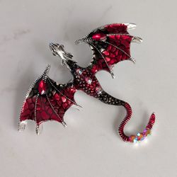 Silver Tone Red Dragon Brooch Costume Jewelry