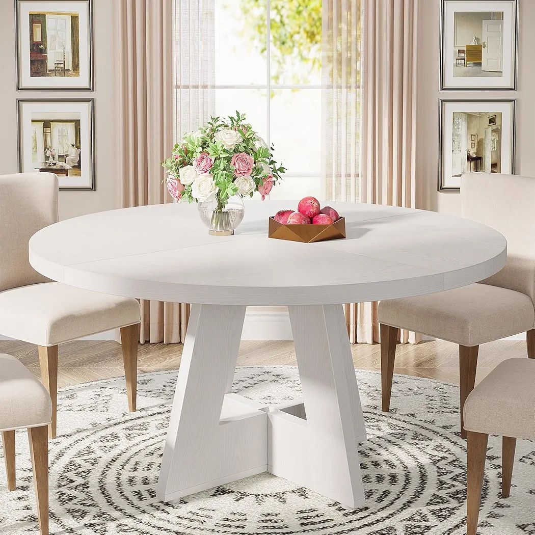 Tribesigns Round Dining Table Wood Kitchen Table for Dining Room, 47 in Dinning Room Tables for 4-6, Circle Dinner Table with Wooden Tabletop and Cros