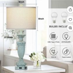 27.5" Farmhouse Resin Table Lamp for Living Room 3-Way Dimmable Table Lamp with USB C+A Ports,Light Blue Desk Lamp Traditional Bedside Lamps