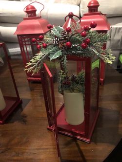 4 Red & 3 Black Metal Christmas Lanterns with Candles – Set of 7