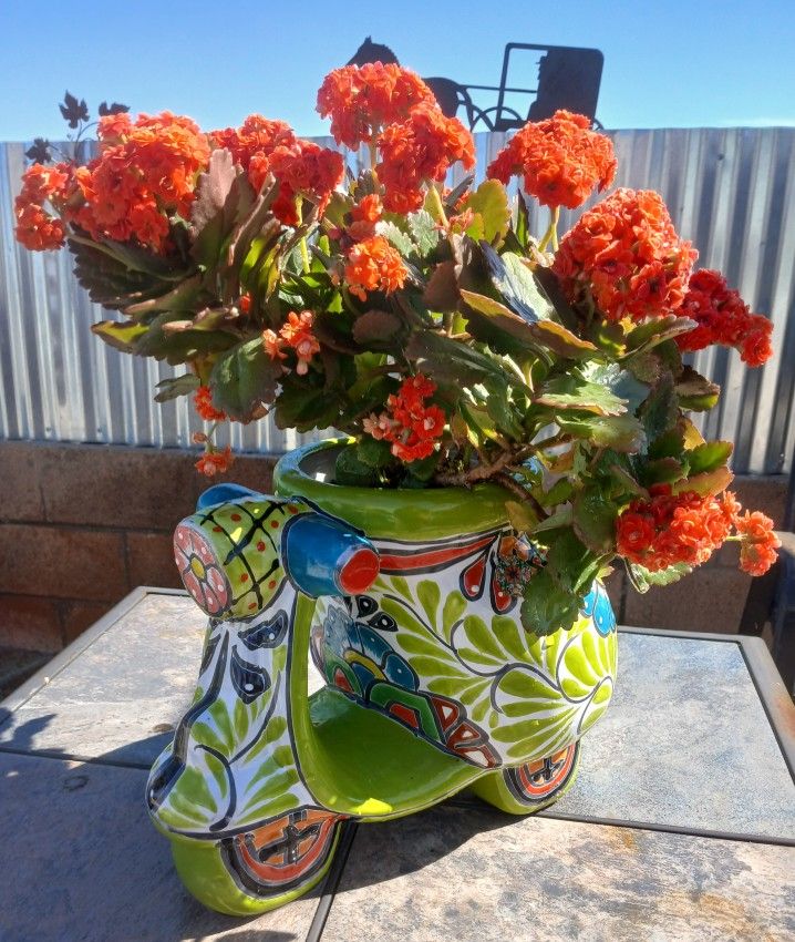 BRAND NEW 18” Talavera Scooter Planter & Blooming Kalanchoe – Perfect Gift!