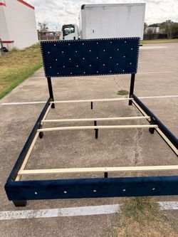 Navy Blue Velvet Upholstered Bed Frame