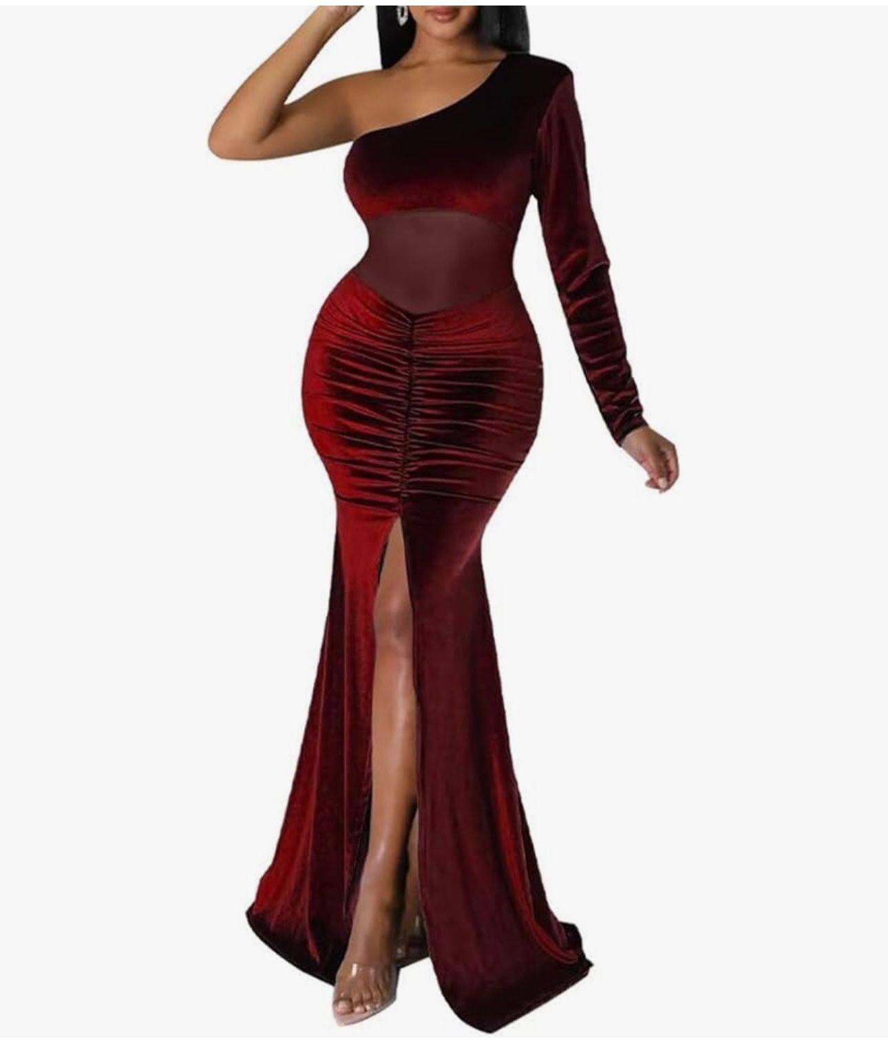 Women One Shoulder Velvet Dress Ruched Bodycon Maxi Cocktail Party Holiday Dress Formal Evening Gowns with Slit Burgundy L
