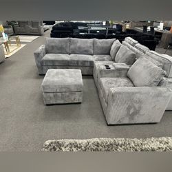 Gray Corduroy Sectional Sofa with Ottoman