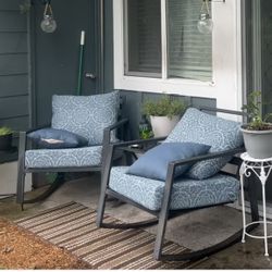 3pc Outdoor Metal Rocking Chair And Table W/Covered Cushions