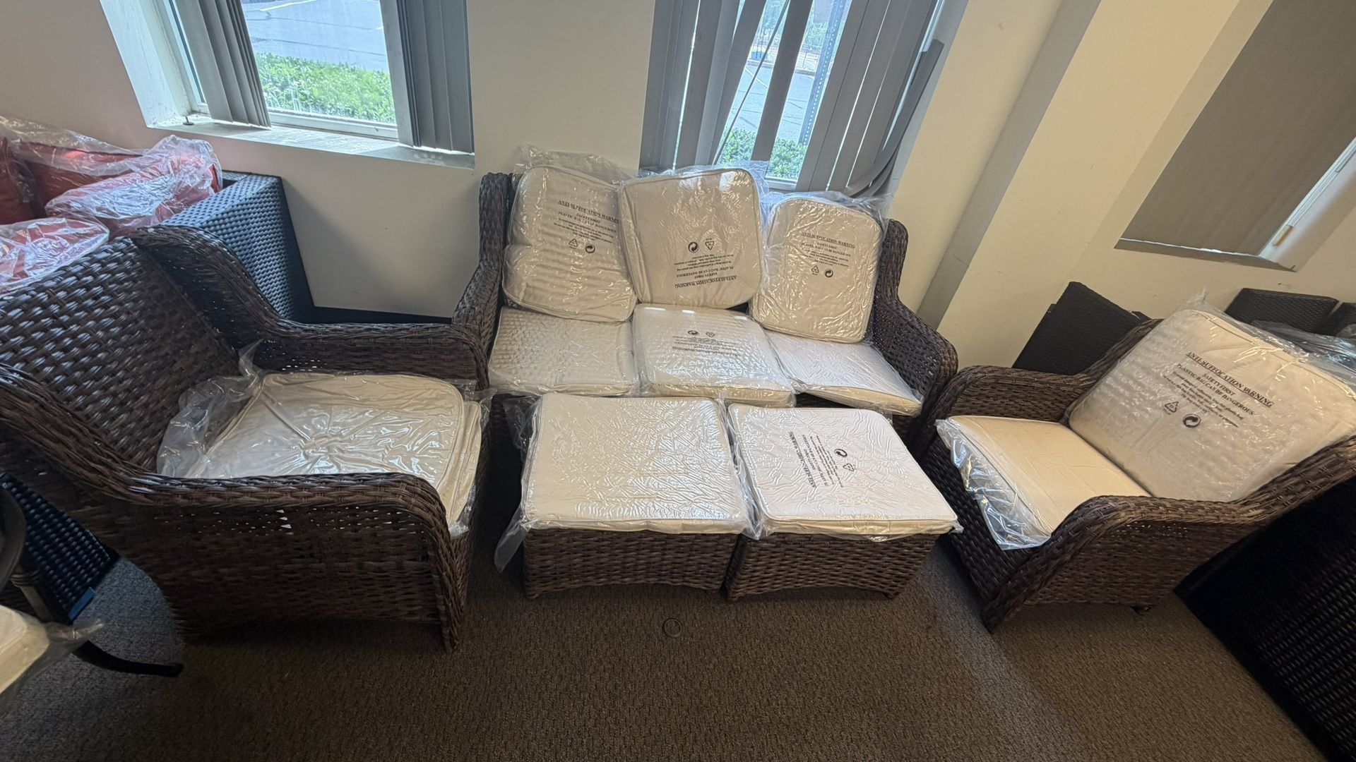 5-Piece All-Weather Wicker Patio Set with Navy Blue Cushions - Includes Sofa, Chairs & (Brown Grey + Off White)