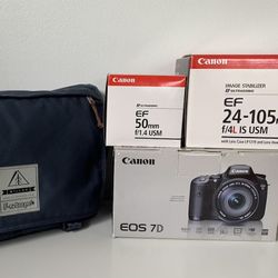 Canon 7D body, 50mm f/1.4 lens, 24-105mm f/4L lens + case and extras 