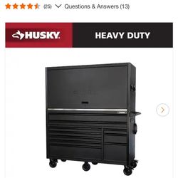 Husky 62 in. W x 24 in. D Heavy-Duty 10-Drawer Mobile Workbench with Stainless Steel Work Top Combo Hutch in Matte Black