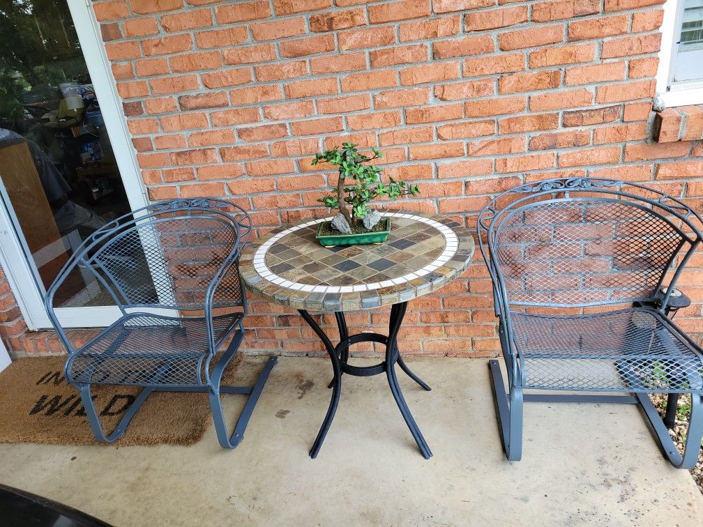 BEAUTIFUL 3 PIECE WROUGHT IRON AND TILE PATIO SET
