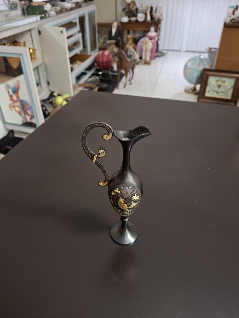 Vintage Miniature 80's Bird Damascene Ewer, Vase, Pitcher & Incense Burner 7.25" Tall