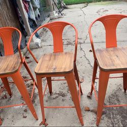 Set Of Three Excellent Bar Stools With Wooden Seats