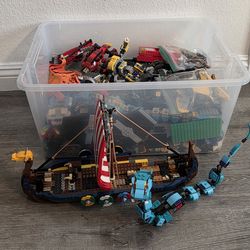 Large 16.5 Pound Container of Lego Bricks and Set Pieces (Ninjago, Viking Ship, Star Wars and More)