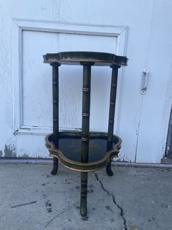 Antique Chinoiserie Two-Tier Side Table with Faux Bamboo Legs