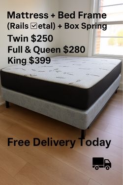 🌟 Queen Mattress, Box Spring, and Rails Frame Set - Delivery Today  And Pay On The Delivery