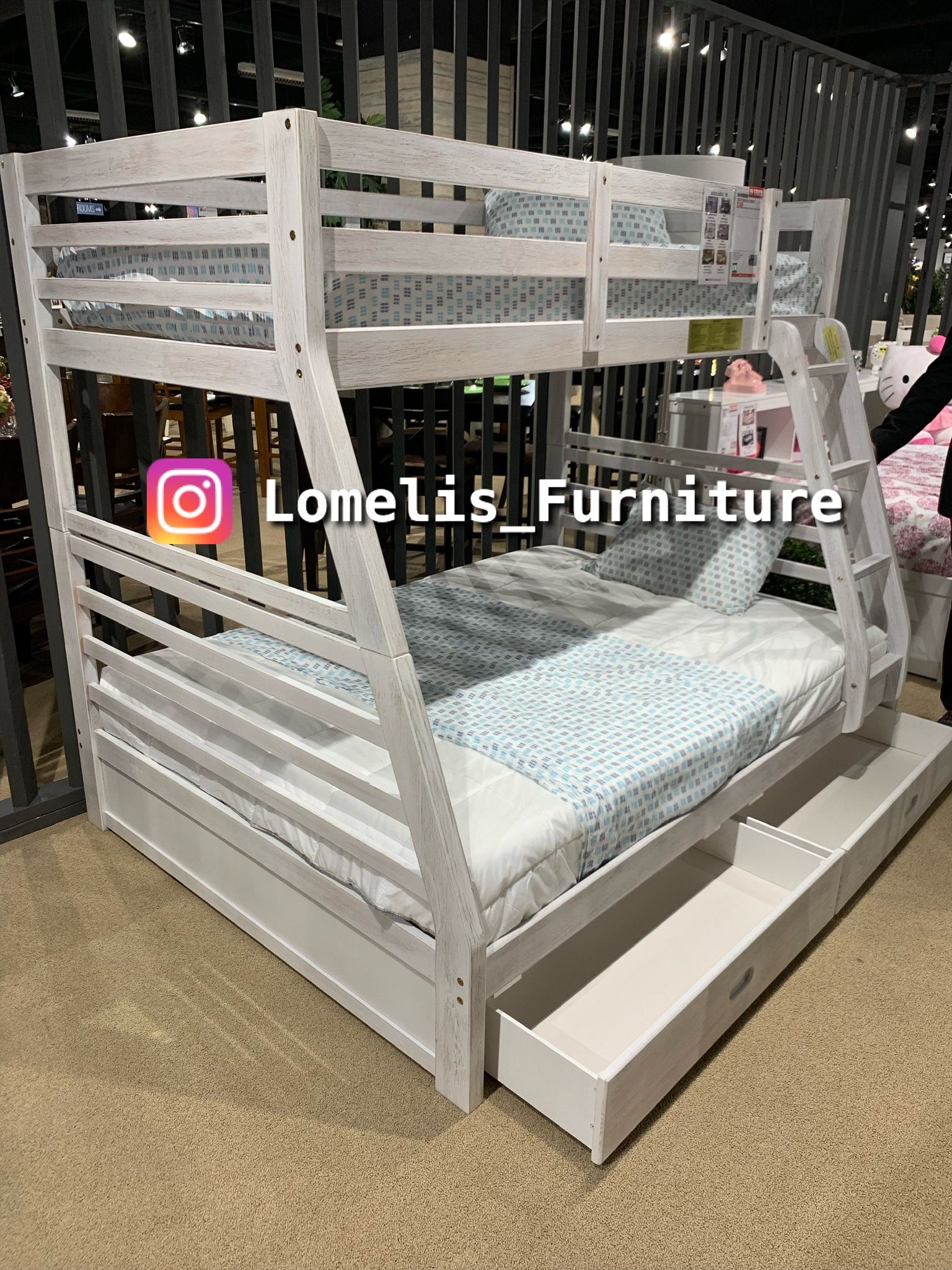 Twin/Full Brush White Bunk bed w. Drawers & Orthopedic Mattresses Included