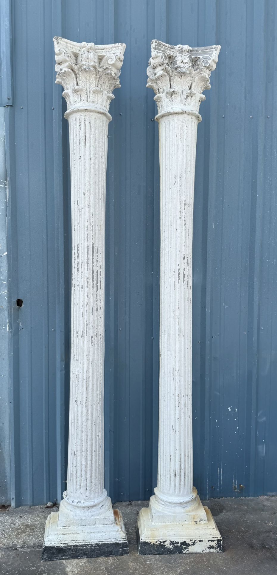 Pr Decorative Cast Aluminum Fluted Half Columns approx 8’8” tall. Will go flat up against wall and will never rust. Will need to be pressure washed