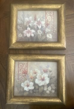 Pair Of Floral Gold-framed Pictures