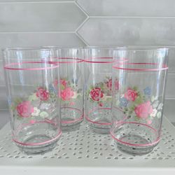 Set of 4 vintage Pfaltzgraff Tea Rose  80s/ 90s clear glass tumblers  15 oz. 5 5/8” tall