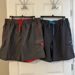 Lot 2 Speedo Board Shorts M Blue Red Gray Pockets Bathing Suit Swim Trunks Mens   These belonged to a family member. They seem to be in good to excell