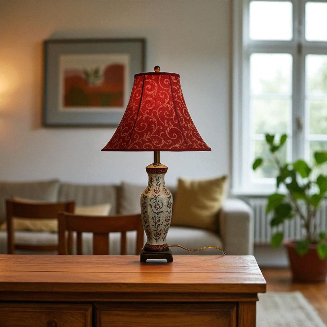 Vintage Ceramic Table Lamp | Red Shade | 28.5”