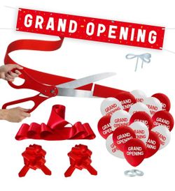 Red Ribbon Cutting Ceremony Kit - 25" Giant Scissors with Red Satin Ribbon, Banner, Balloons,Bows and More Supplies Grand Opening Decora
