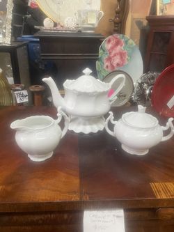 Vintage white porcelain tea set teapot sugar and creamer set
