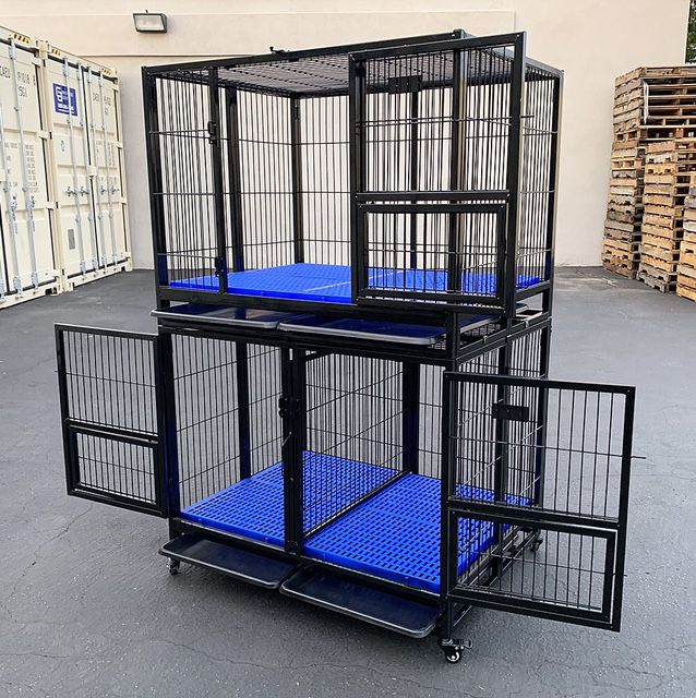 New $410 (Set of 2) Stackable Dog Cage 41x31x65” Heavy Duty Kennel w/ Plastic Tray 