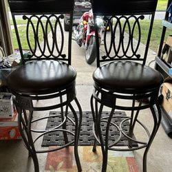 Two Metal Bar stools / Brown Seats/ Brown Wood 