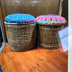 Set Of Two Rattan Stools With Boho Cushions