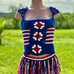 Handmade Crochet Granny Square Set - Red, White & Blue (Size M)
