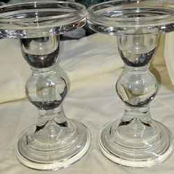 Pair Of Glass Candle Holders 5 1/2 Inches Tall L5V024