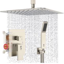 SR SUN RISE 16 Inches Brushed Nickel Shower System Bathroom Luxury Rain Mixer Shower Combo Set Ceiling Mounted Rainfall Shower Head Faucet (Contain Sh