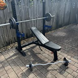 Complete Heavy Duty 2” Olympic Style Workout Set. Including bench press/quad bench and over 200lbs in total weight. Everything in pics is included. 