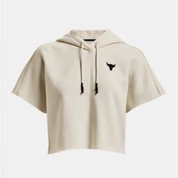 Under Armour Project Rock Fleece Short Sleeve Cream Athletic Hoodie Women XL