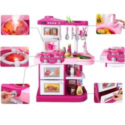 TEMI Play Kitchen Playset Pretend Food - 53 Pieces Pink Kitchen Toys for Toddlers, Toy Accessories Toddler Set with Sound and Light, Toddler Outdoor P