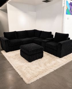 Black Sofa +cup holders +Ottoman