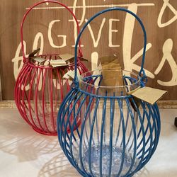 Pair Of Colorful Lanterns With Center Glass Vessel